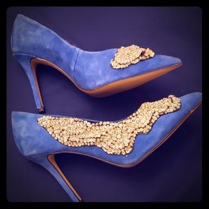Women high heel blue suede sequined shoes